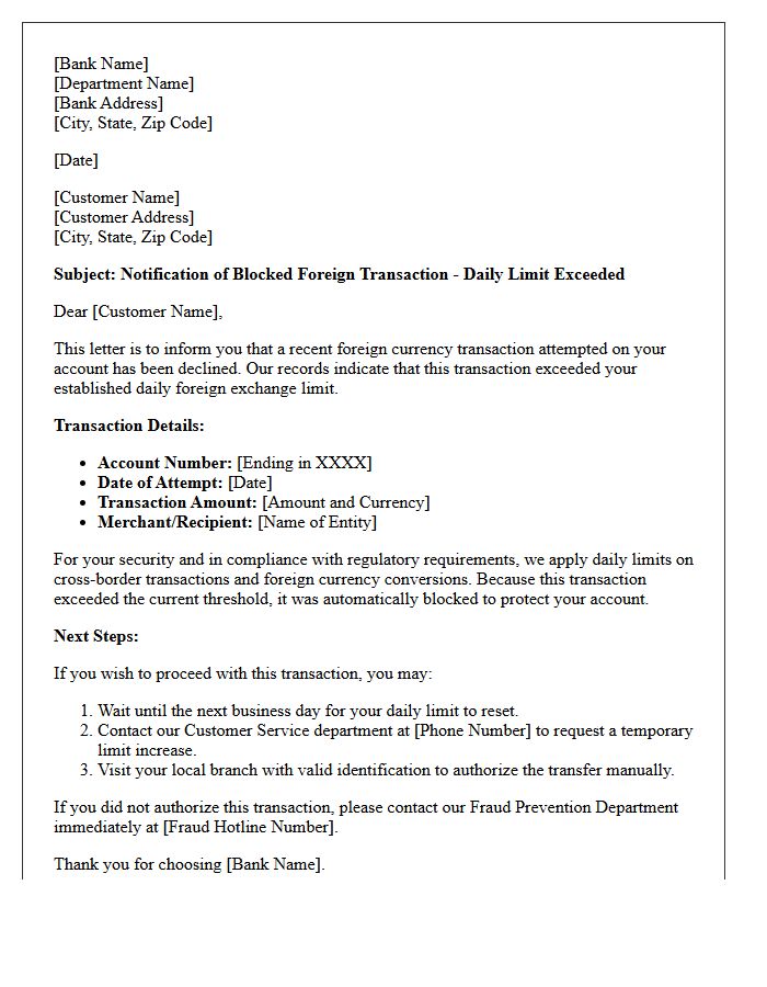 Bank Notification Letter of Blocked Foreign Transaction Exceeding Daily Currency Limits
