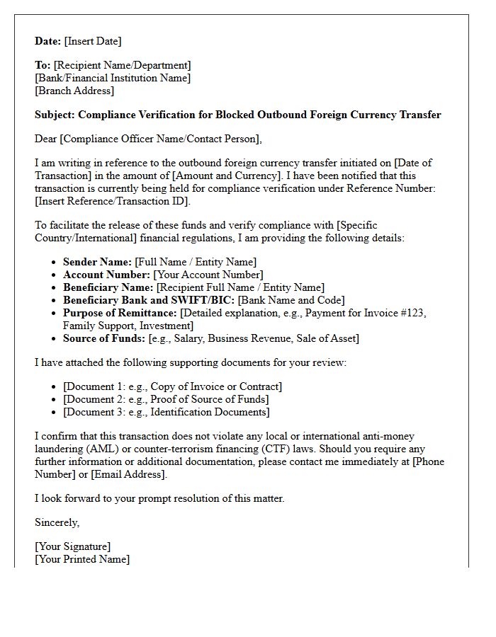 Compliance Verification Letter for Blocked Outbound Foreign Currency Transfer