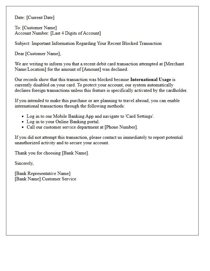 Letter Explaining Blocked Foreign Debit Transaction Due to Disabled International Card Usage