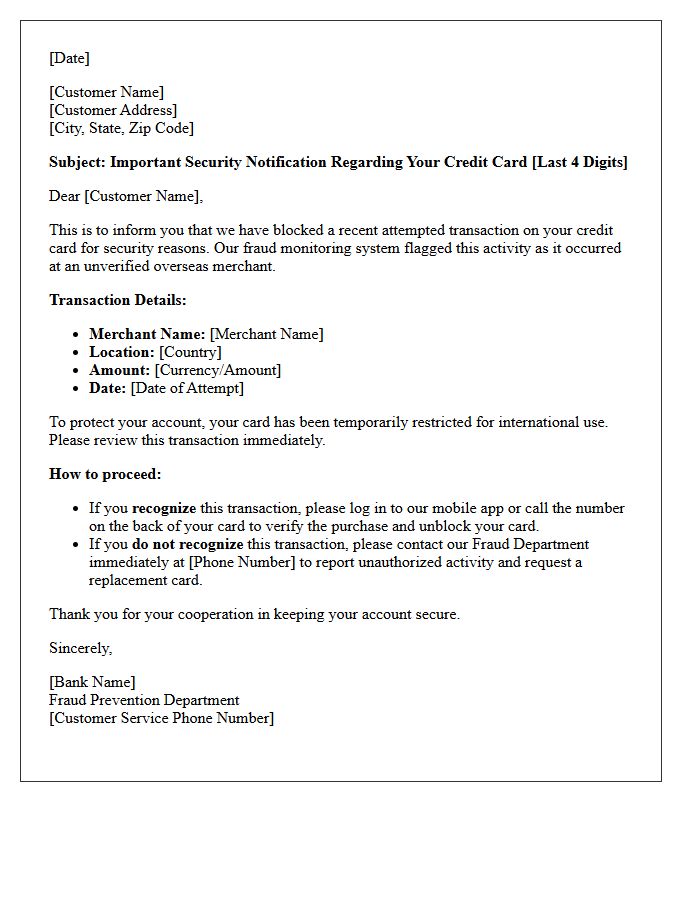 Letter of Blocked Foreign Credit Card Transaction at Unverified Overseas Merchant