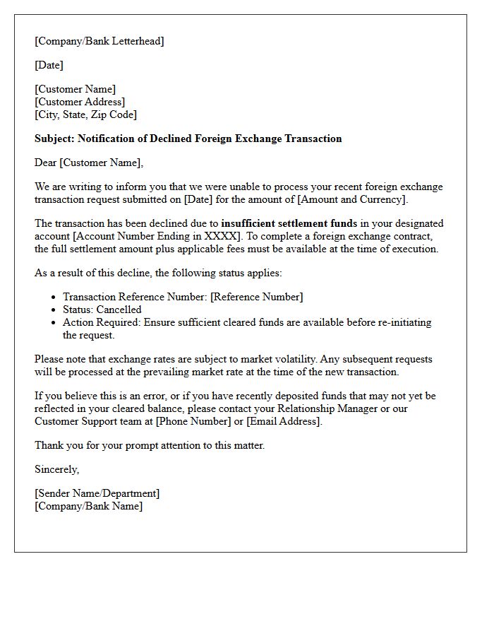 Letter of Declined Foreign Exchange Transaction Due to Insufficient Settlement Funds