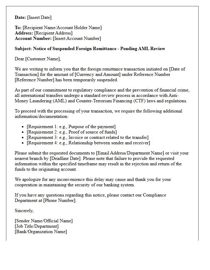 Letter of Suspended Foreign Remittance Pending Anti-Money Laundering Review