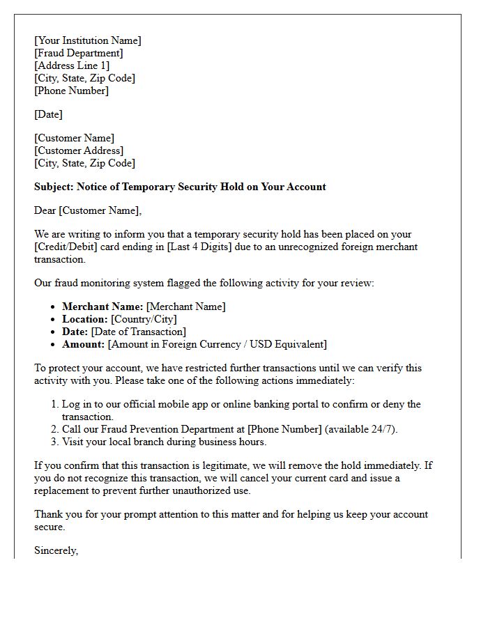 Letter of Temporary Security Hold on Unrecognized Foreign Merchant Transaction