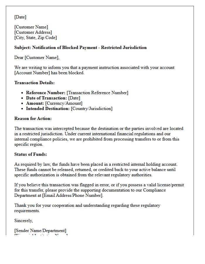 Notification Letter of Blocked Foreign Payment Addressed to Restricted Jurisdictions
