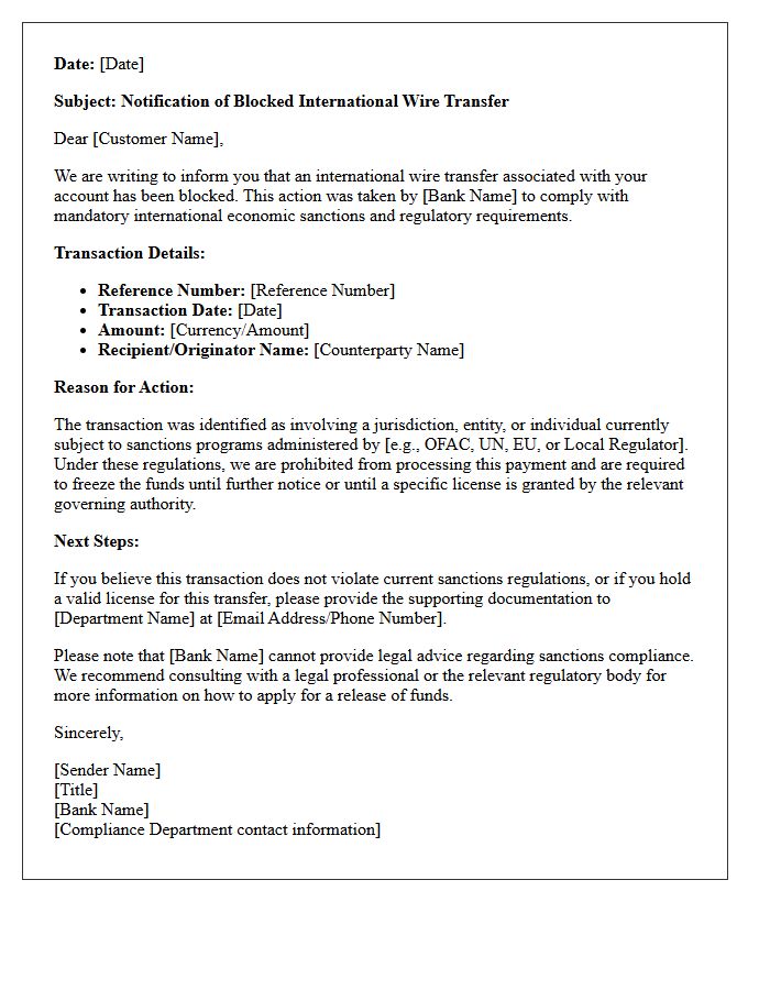 Notification Letter of Blocked International Wire Transfer for Sanctions Compliance