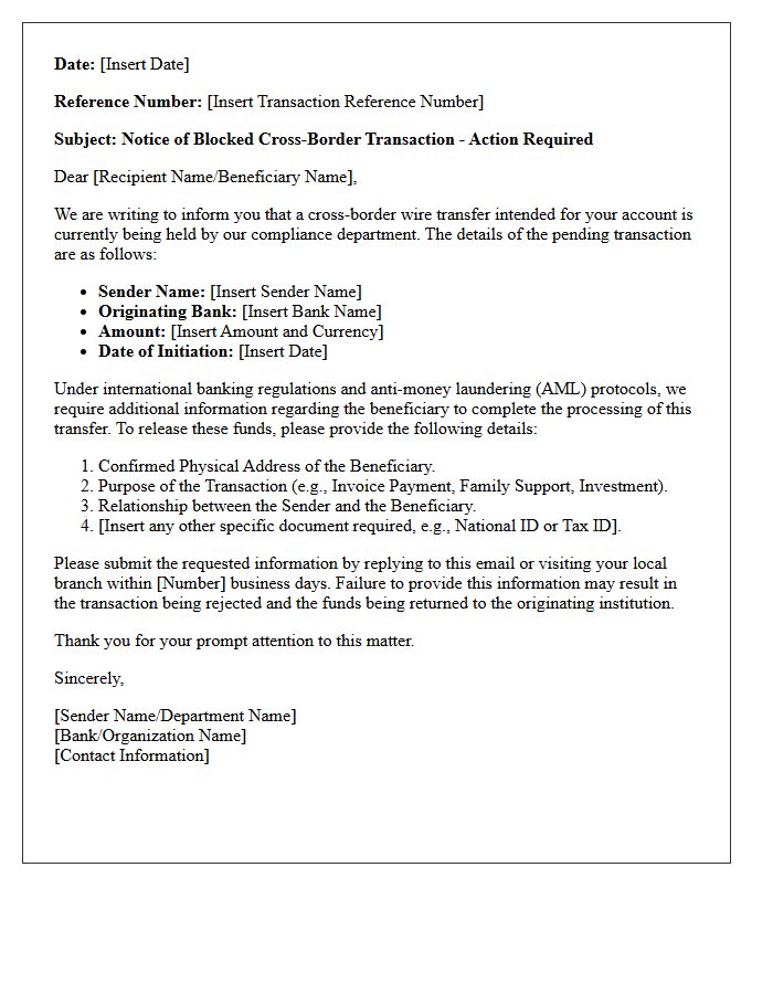 Official Letter of Blocked Cross-Border Transaction Awaiting Additional Beneficiary Information