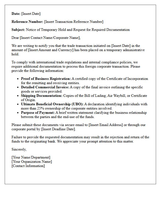 Required Documentation Letter for Blocked Foreign Corporate Trade Transaction