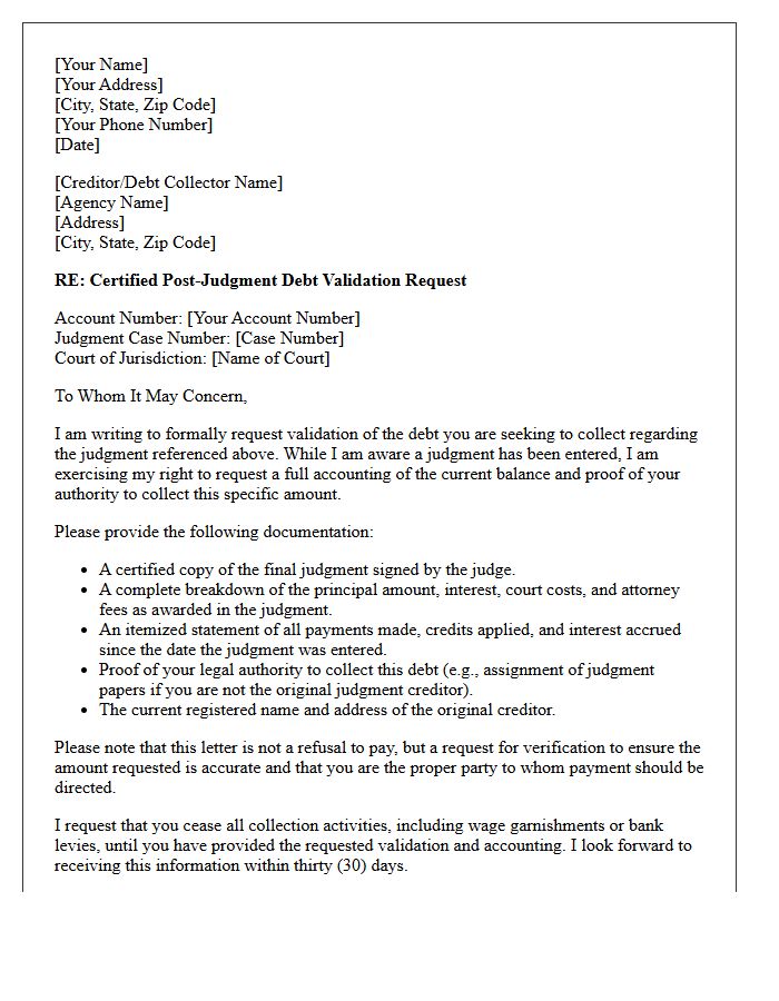Certified Post-Judgment Debt Validation Letter