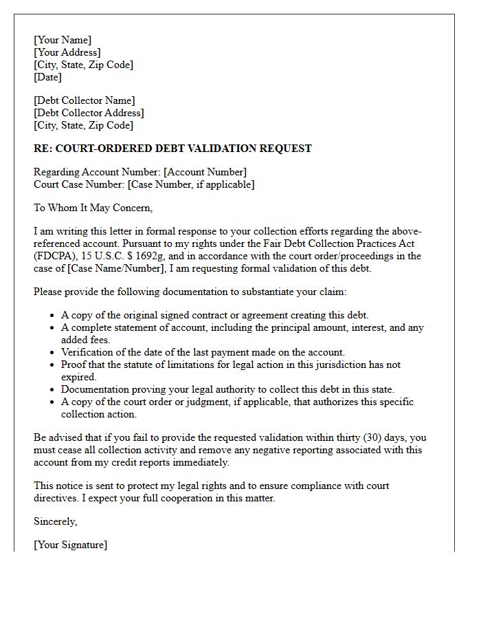 Court-Ordered Debt Validation Notice Letter
