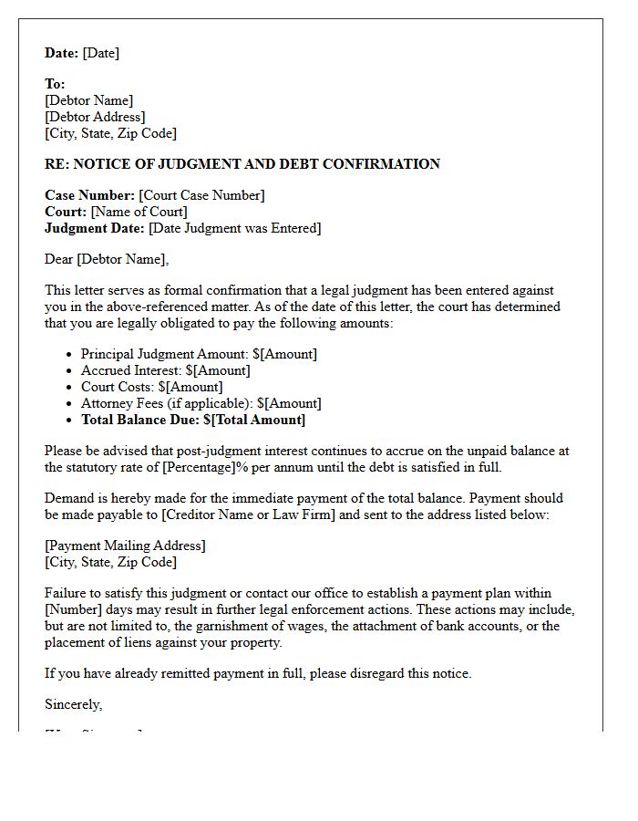 Legal Post-Judgment Debt Confirmation Letter
