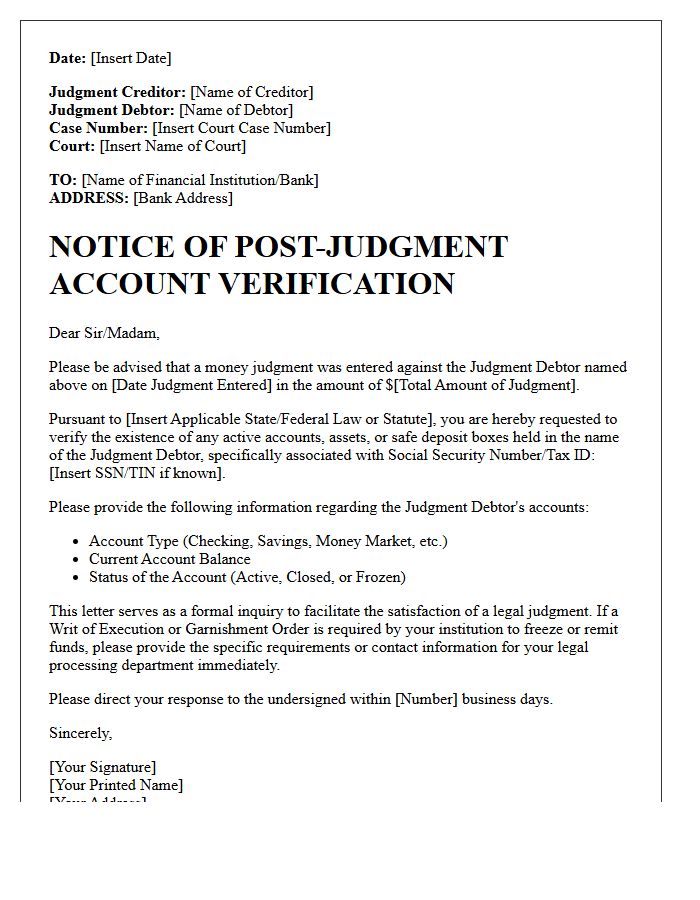 Post-Judgment Account Verification Notice Letter