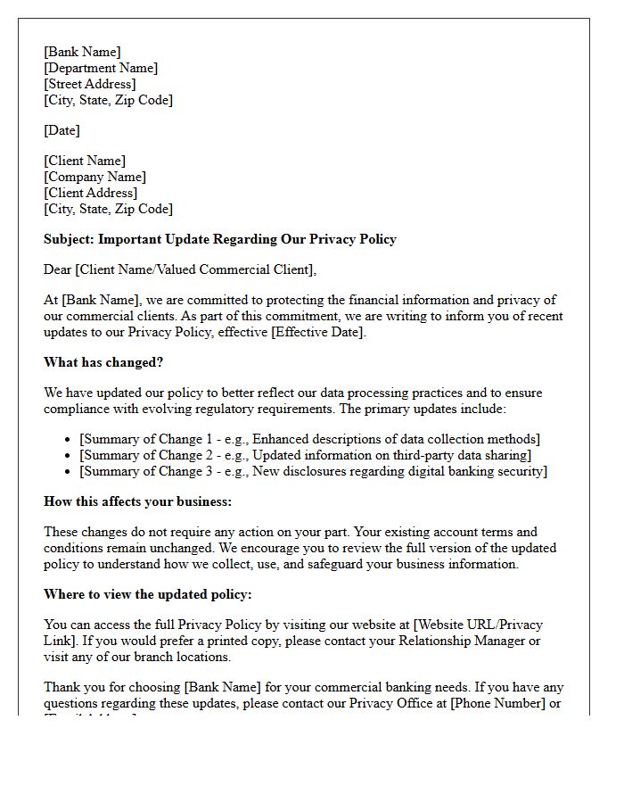 Commercial Banking Privacy Policy Update Notification Letter