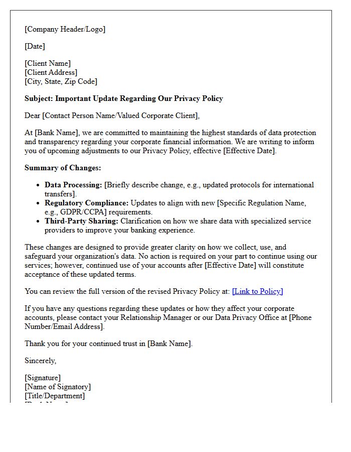 Corporate Banking Privacy Policy Adjustment Letter