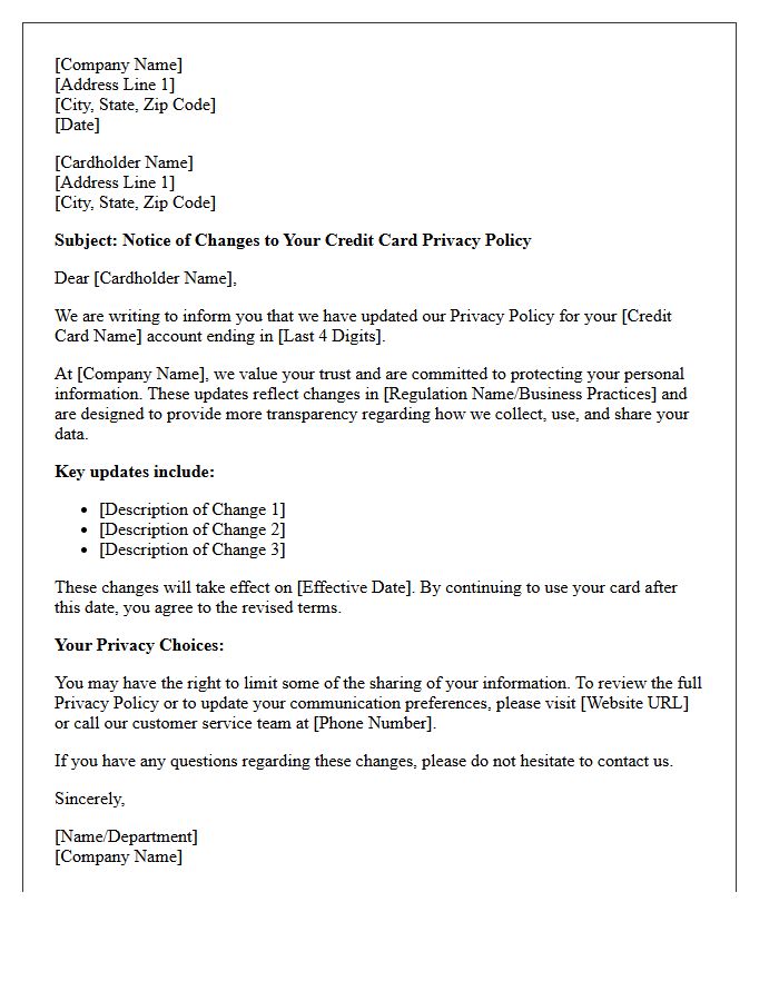 Credit Card Cardholder Privacy Policy Revision Letter