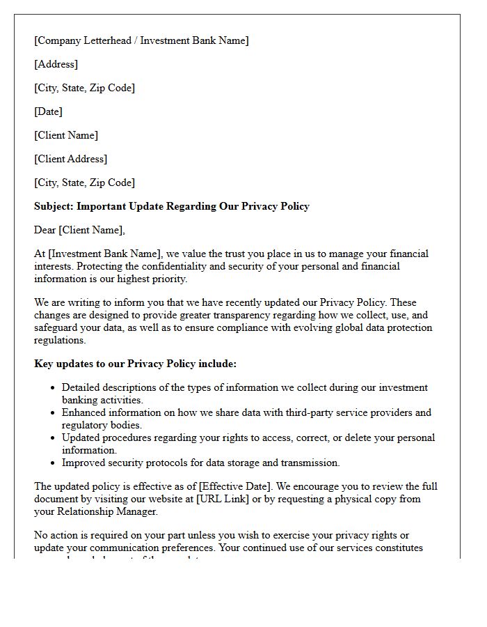Investment Banking Client Privacy Policy Update Letter