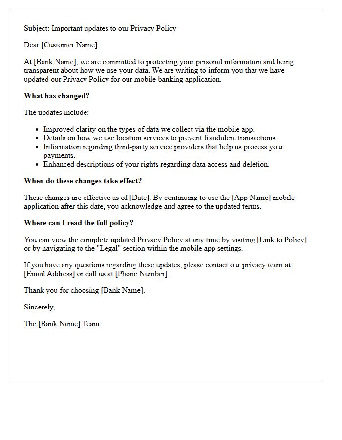 Mobile Banking Application Privacy Policy Update Letter