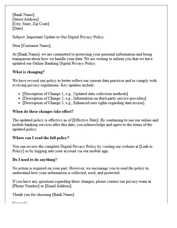 Online Banking Digital Privacy Policy Change Letter