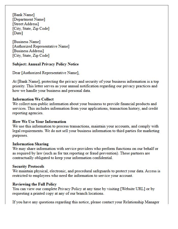 Small Business Banking Privacy Policy Notice Letter