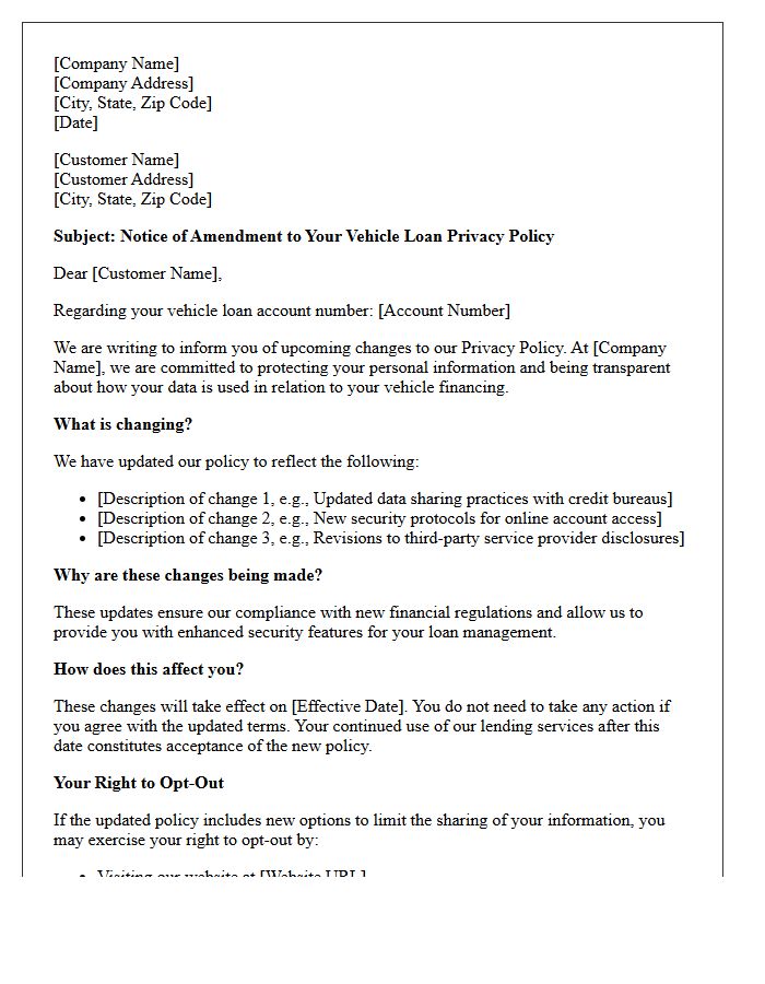 Vehicle Loan Customer Privacy Policy Amendment Letter