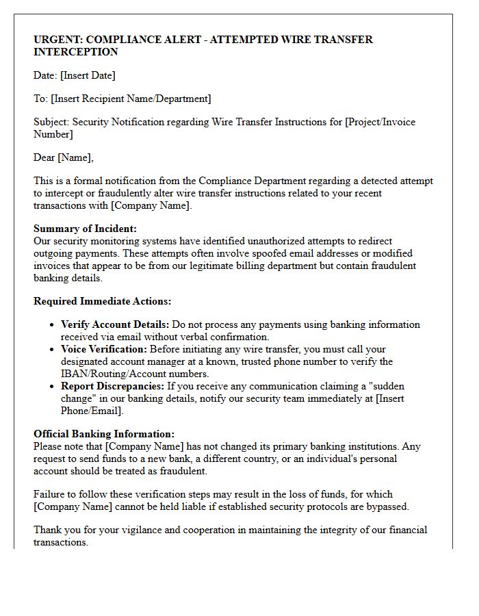 Compliance Alert Letter Regarding Wire Transfer Interception