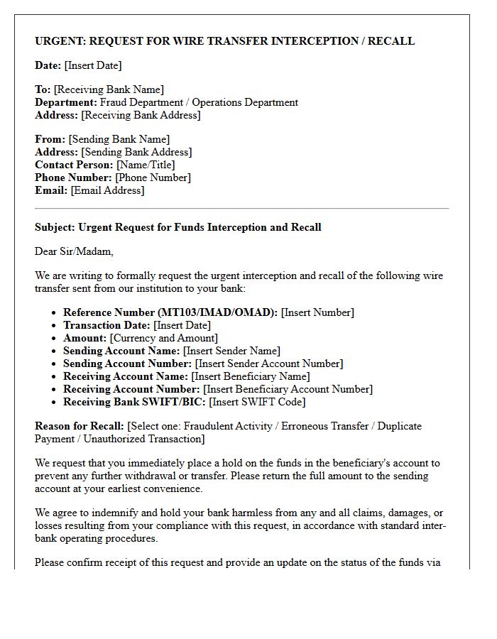 Inter-Bank Communication Letter for Wire Transfer Interception