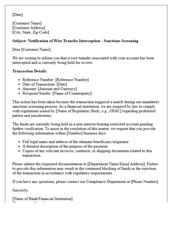 Letter Concerning Sanctions Screening Wire Transfer Interception