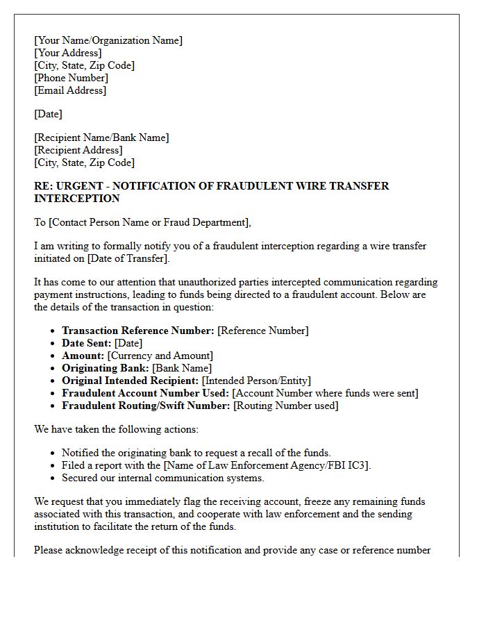 Letter of Notification for Fraudulent Wire Transfer Interception