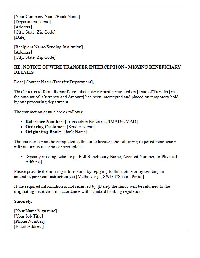 Letter of Wire Transfer Interception Due to Missing Beneficiary Details