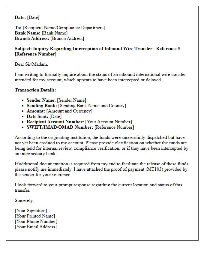 Letter Regarding Interception of Inbound International Wire Transfer