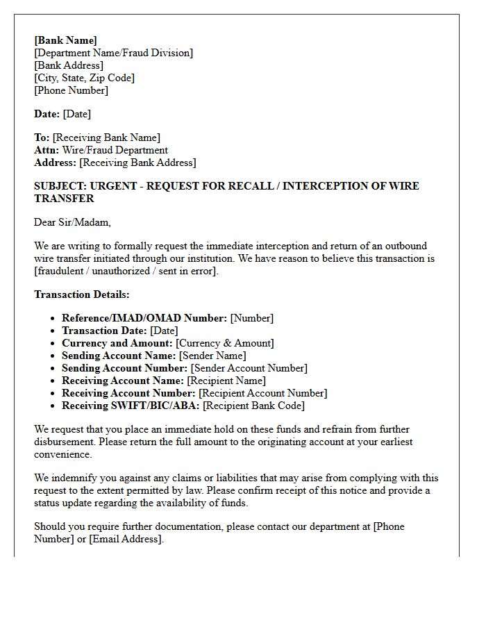 Official Bank Letter for Outbound Wire Transfer Interception