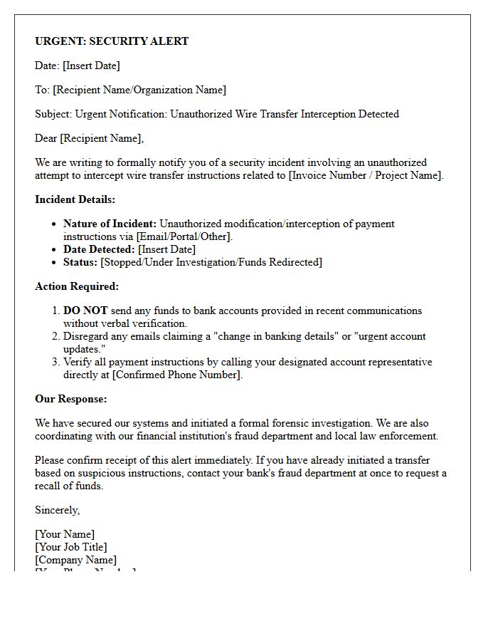 Security Alert Letter for Unauthorized Wire Transfer Interception