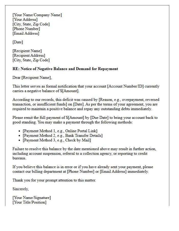 Negative Balance Repayment Demand Letter