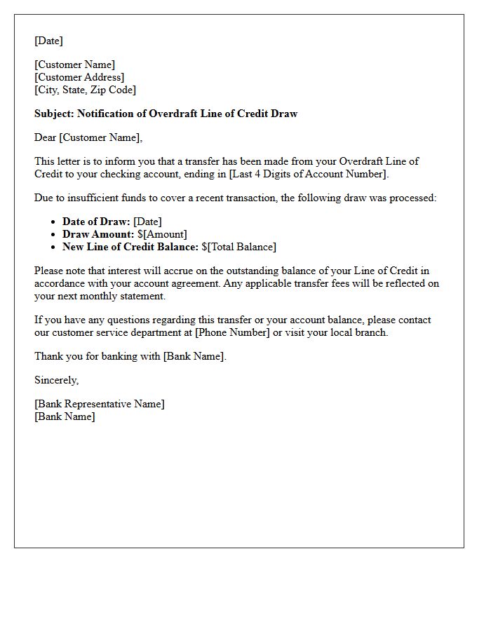 Overdraft Line of Credit Draw Notification Letter