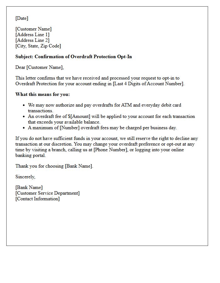 Overdraft Protection Opt-In Confirmation Letter