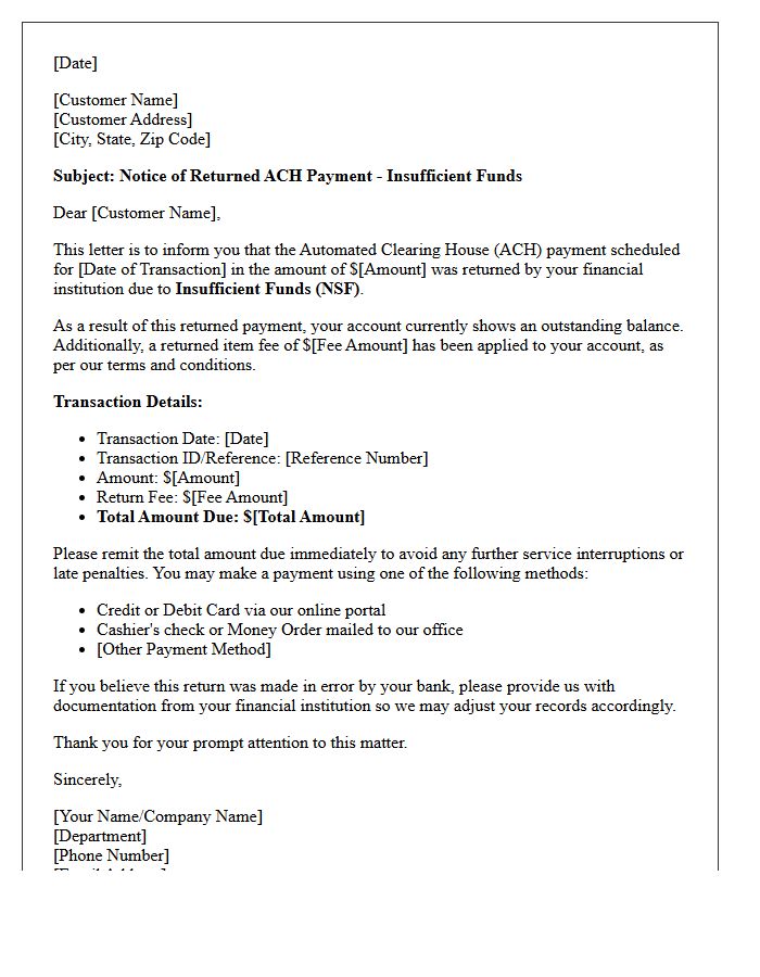 Automated Clearing House Insufficient Funds Letter