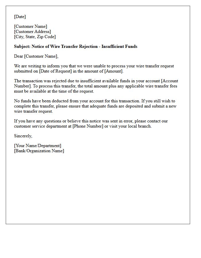 Wire Transfer Rejection Insufficient Funds Letter
