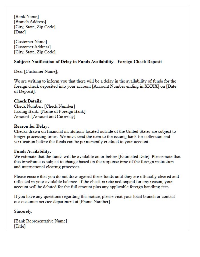 Foreign Check Deposit Delay Notification Letter