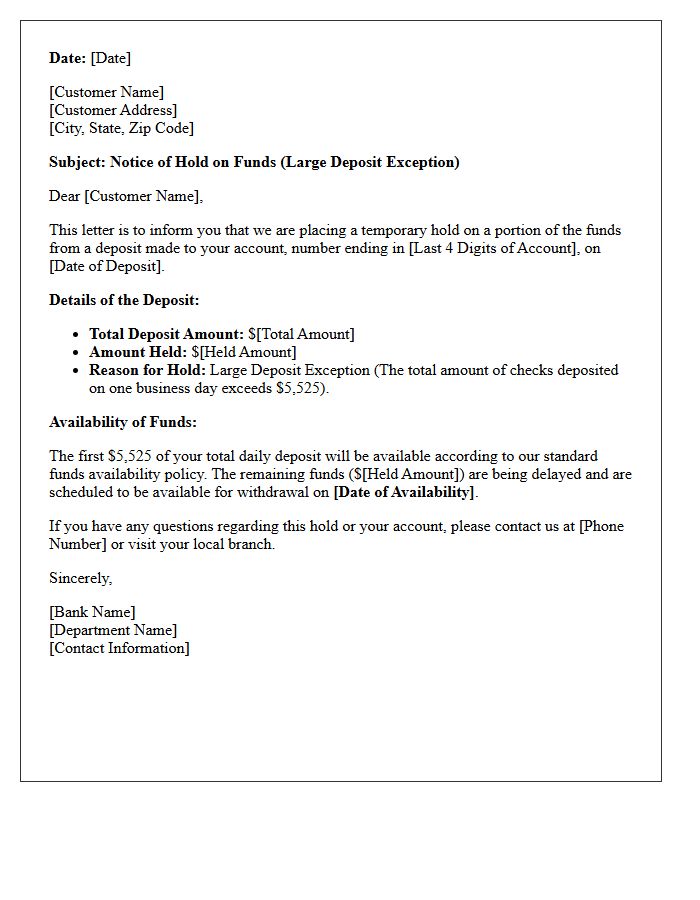 Large Deposit Exception Hold Notice Letter