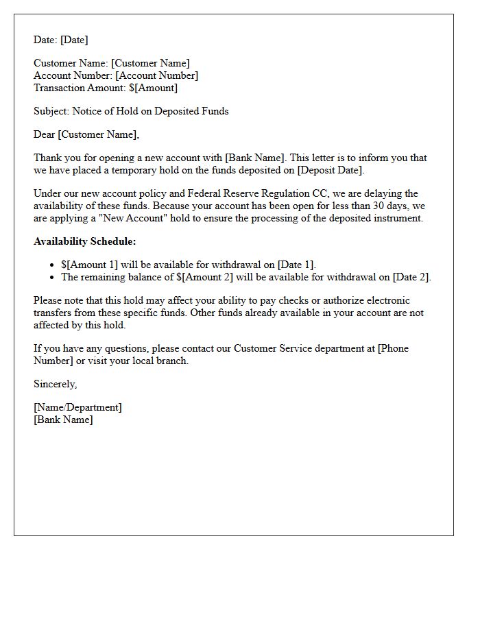 New Account Deposited Funds Hold Letter