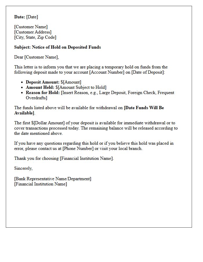 Standard Deposited Funds Hold Notification Letter