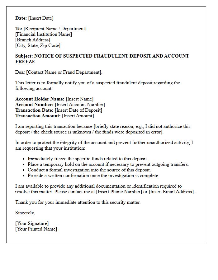 Suspected Fraud Deposit Freeze Letter