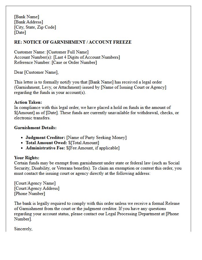 Bank Notice Letter for Garnishment Order Processing