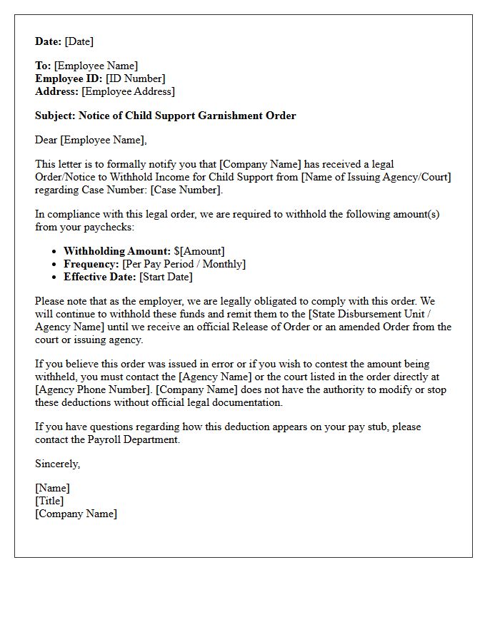 Child Support Garnishment Receipt Notification Letter
