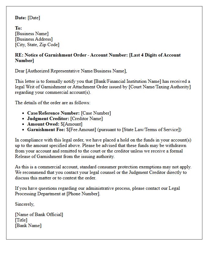 Commercial Account Garnishment Order Receipt Letter