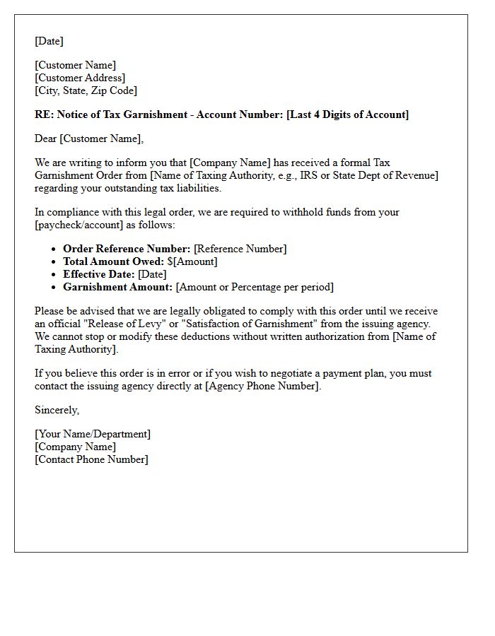 Customer Notification Letter for Tax Garnishment Order Receipt