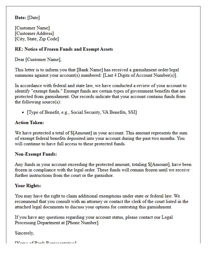 Exempt Funds Notification Letter Following Garnishment Receipt