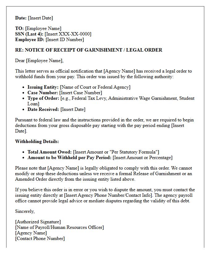 Federal Agency Garnishment Receipt Notification Letter