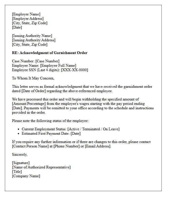 Garnishment Order Acknowledgment Letter to Issuing Authority