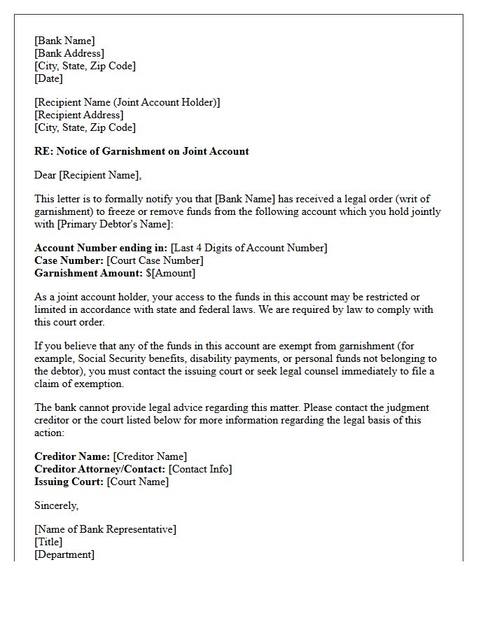 Joint Account Holder Notification Letter of Garnishment Receipt