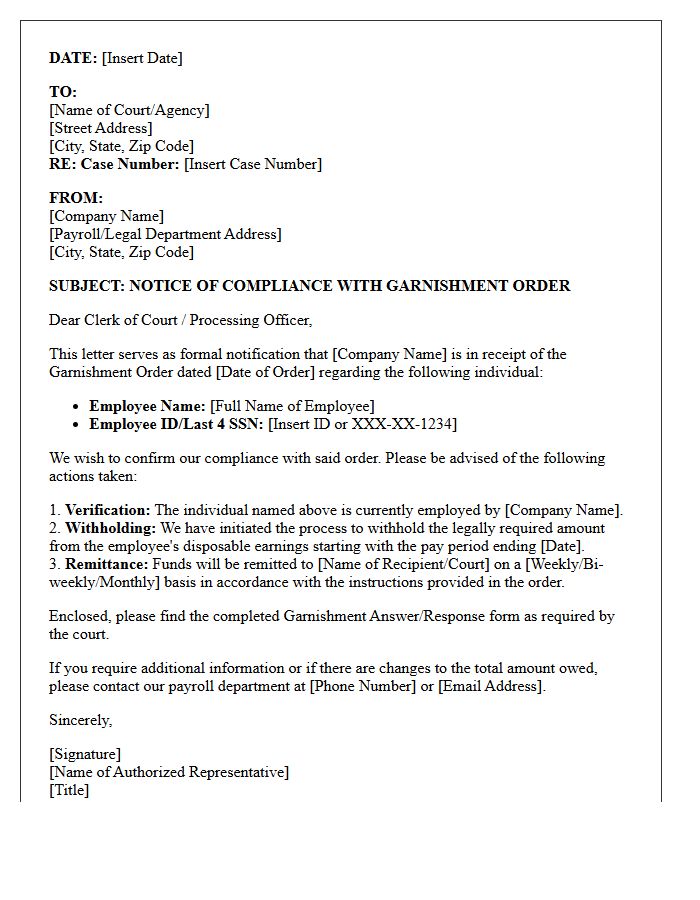 Letter of Compliance Upon Court Garnishment Order Receipt